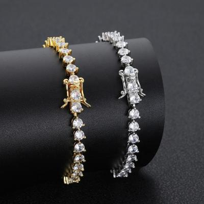 China Hiphop Tennis Chain Bracelet 4*4 Iced Out CZ Zircon Zircon Gold Plated Hip Hop Brass Copper Jewelry With Ring for sale