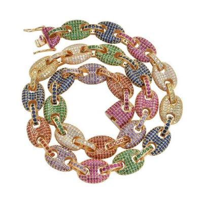 China High Quality 12mm Width Colorful Fashion Chain CZ Diamond Iced Out Hip Hop Cuban Link Urban Cuban Link Chain for sale