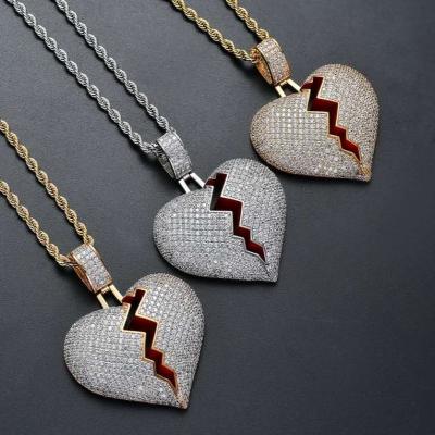 China High Quality Street Environmental Friendly Brass Micro Pendant Necklace Personality CZ Broken Heart Insert Hip Hop Jewelry for sale