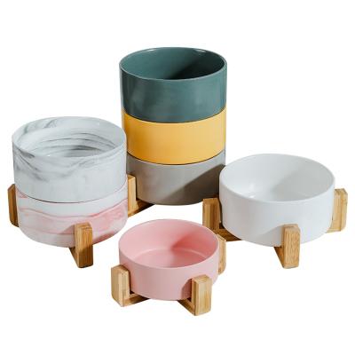 China Sustainable Simple Color Glazed Pet Feeding Bowl With Fashionable And Simple Wooden Pet Holder Bowls And Feeders Bowls, Cups And Buckets For Cats for sale