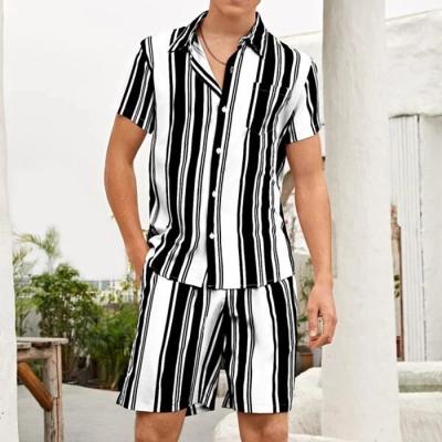 China 2 Piece Stripe Mens Shorts Tracksuit Men Short Sleeve Shirt Breathable Custom Tracksuit And Short Set for sale