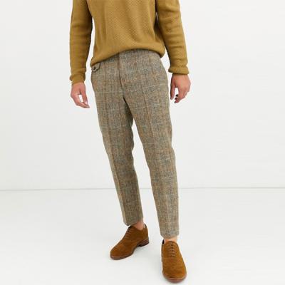 China Factory Wholesale OEM Slim Fit Anti-pilling Wool Brown Twill Check Crop Pants For Men for sale