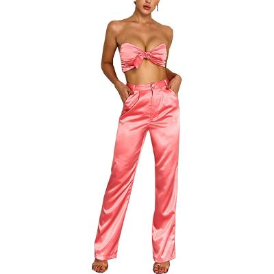 China Fashion Crop Cargo Pants Anti-Static Top Regular Hot Selling Regular Fit Satin 2 Pieces Set Women for sale