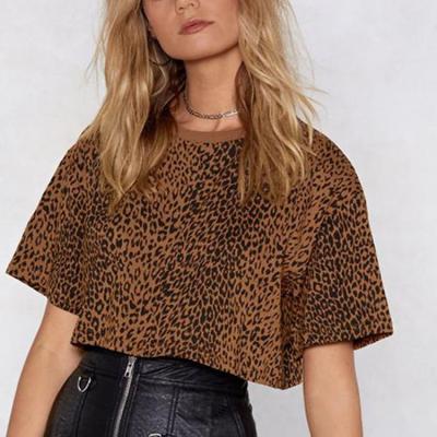 China Anti-pilling Fashion OEM Custom Women Printed Fitted Short Sleeve T-shirt Leopard Crop Tops Boxy for sale