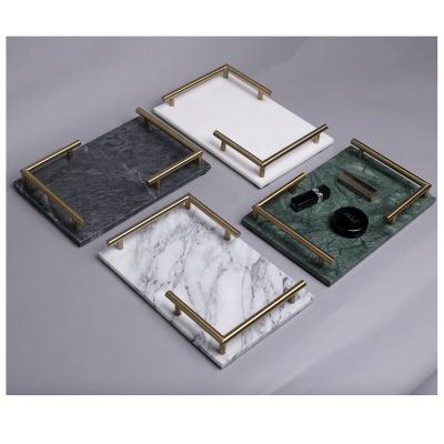 China Luxury Disposable Restaurant Dish Dinner Plate Rectangle Marble Jewelry Display Serving Dish Tray With Handle Set Home Decor for sale