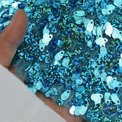 China Blue Green Stretch Mesh Sequins Fabric For Evening Dress Lace Fabrics Suits Fabrics 2021 for sale