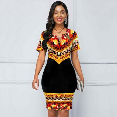 China Anti Static Tribal Print Short Sleeve Split Neck Dress Bodycon Dress for sale