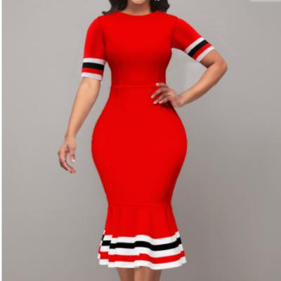 China Anti-Static Women Summer Casual Maxi Stripe Print Red Short Sleeve Dress for sale