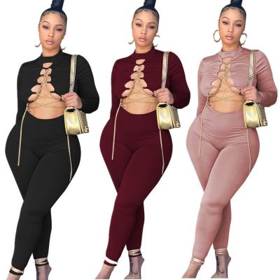 China Charming Gold Women Sexy QUICK DRY Chain Jumpsuit Bandage Hollow Out Bodycon Curved Jumpsuit Casual Elegant Long Sleeve Jumpsuit Rompers for sale