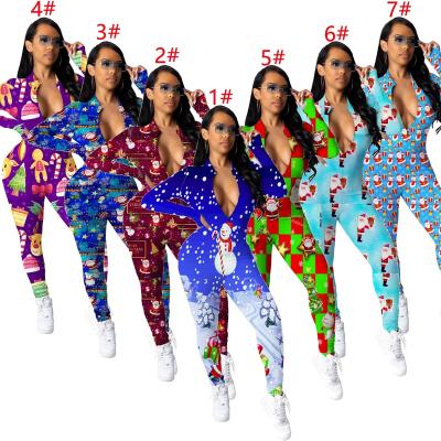 China Christmas Home Overalls 2021 QUICK DRY Women One Piece Print Long Sleeve Casual Long Pants for sale