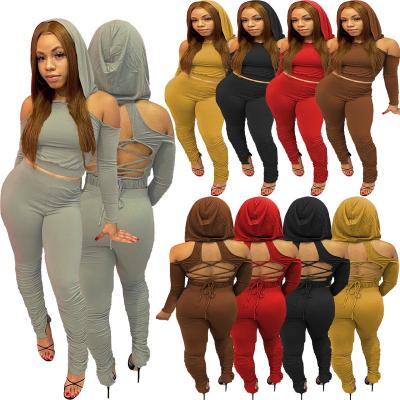 China QUICK DRY Women Hooded Long Sleeves Hollow Out Lace Up Bodycon Pants Set 2pc Casual Outfit for sale