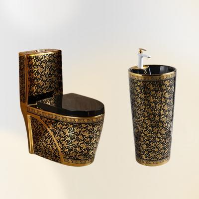 China Double-Flow Gold Plated Ceramic One Piece Sanitary Ware Bathroom WC WC Bowl Set And Luxury Toilet Basin for sale