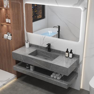 China Modern Double Layers Wall Mount Sink Cabinet Rock Slate Modern Marble Sink Floating Bathroom Vanity for sale