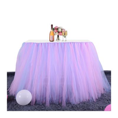 China Fancy Romantic Wedding Party Rosette Banquet Table Decorative Edging Designs Tulle Tulle Table Skirt for Birthday for sale