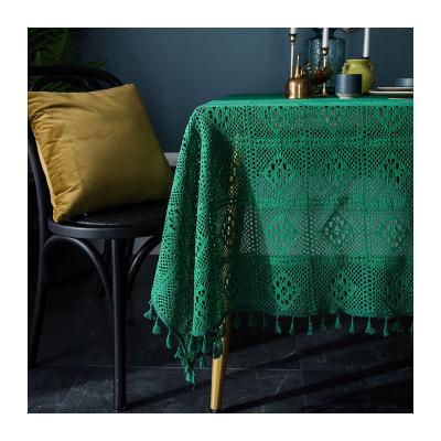 China CLASSIC Dark Green Cotton France Cafe Round Table Cover American Hollow Literary Handle Crochet Knitted Lace Tablecloth for sale