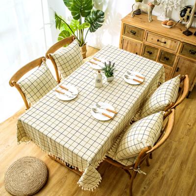 China Tassel Table Cloth Nordic Soft Rectangle Lattice Jacquard Table Cloth Blue Linen Cotton Stripes Non Woven Fabric for sale