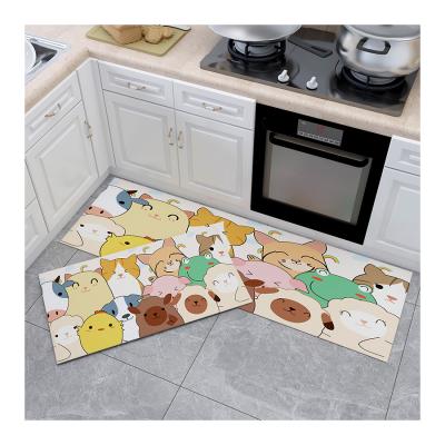 China PVC Cartoon Oilproof Washable Household Washable Foam Free Cute Non-slip Wipeable Floor Cover Leather Kitchen Mat for sale