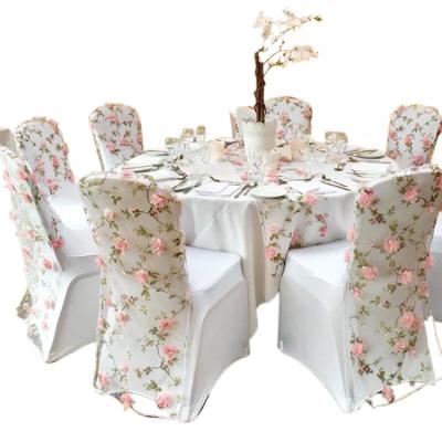 China Decoration Beautiful Customized Hotel Dining Round Table Cloth Floral Organza Flower Table Runner And Chair Sashes for sale