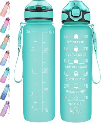 China 32oz Tritan BPA Free Viable Motivational Water Jug Plastic Water Bottle With Time Marker Straw For Fitness Gym Sports for sale