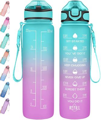 China Viable Custom Logo Gradient Tritan PETG Bottle 32 oz Bpa Free Portable GYM Time Marker Motivational Water Bottles With Straw for sale