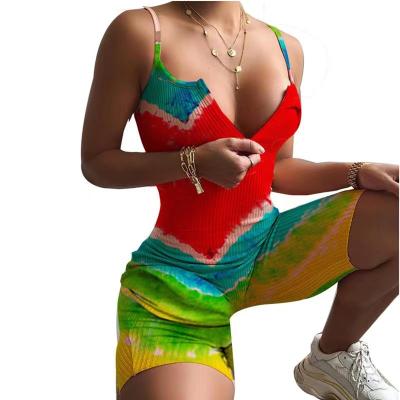 China Breathable Casual Tie Dye Shorts Women Ribbed Knitted Backless Lace Up Rompers for sale