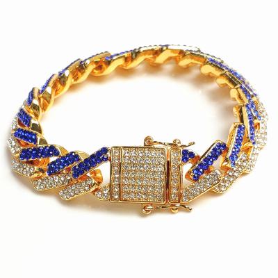 China Men's Hiphop 15mm Gold Cuban Link Miami Diamond Iced Out CZ Bracelet Blue Cuban Link Bracelet Hip Hop Jewelry For Men for sale