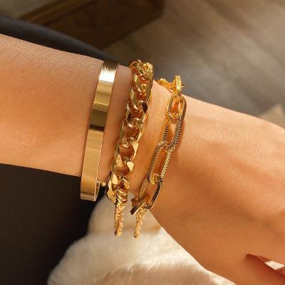 China Adjustable Hiphop Punk Style Three Layer Polish Bracelet For Girls 18K Gold Plated Cross Chain Bracelet Set For Women for sale