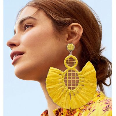 China BOHEMIA Personality Boho Jewelry Lafite Large Drop Tassel Earrings Yellow Large Fringe Bridal Earring For Women for sale