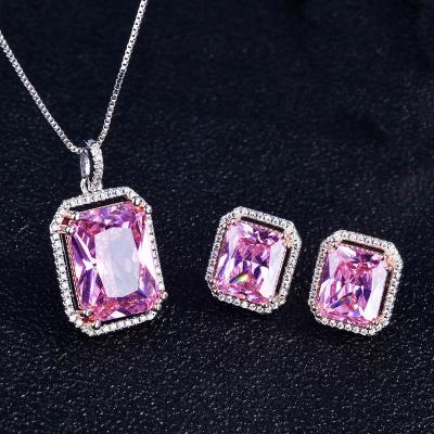 China Ladies S925 CLASSIC Gift 25 Needle Silver Gold Plated Hot Sale Pink Square Diamond Jewelry Set Earrings Rings Necklace for sale