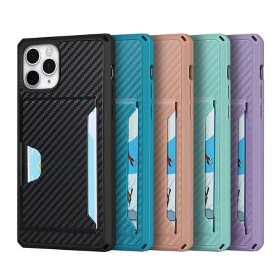 China Luxury Shockproof Carbon Fiber PC TPU Card Holder Shockproof Phone Case For iPhone 13 for sale