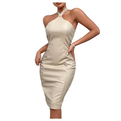 China 048 New 2022 Summer Fashion PU Dress Mini Wear Anti-Static Club Casual Dress Sexy Leather Slim Backless Soft Wear Women Wear Mini Dress for sale