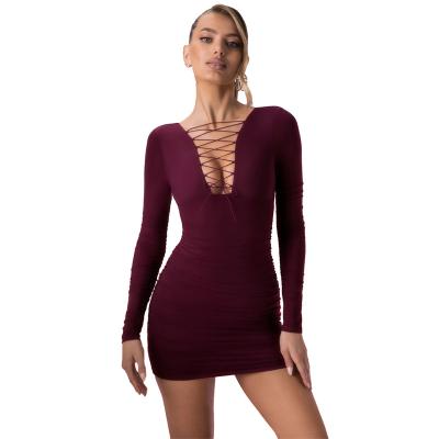 China 6617 New Arrival Fall Women's Club Dress 6617 Long Sleeve Ruched Burgundy V-Neckline Dry Clean Allure Women's Club Dress Front Chain Bodycon Mini Dress for sale