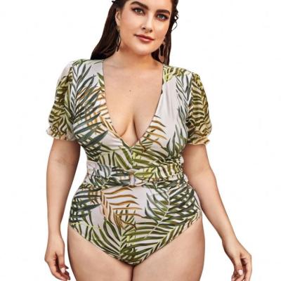 China Cheap QUICK DRY woman plus size print short size leaf swimwear one piece sleeve beachwear for sale