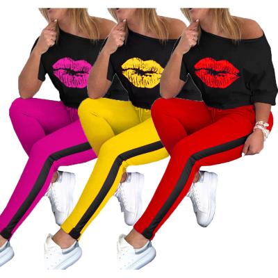 China Breathable Laidy Suit Lip Print T-shirt Sports Suit T-shirt Woman Pants 2 Piece Pants Sets Women Set Two Piece Women Sets for sale