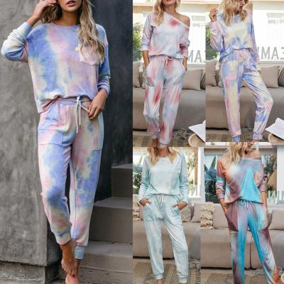 China 2020 New Arrival Ladies Breathable Casual Tie Dye Long Sleeve Pants Pajamas Set Two Piece Set Home Nightgowns For Women Fall Clothing for sale