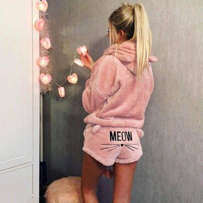 China 2020 Ladies Breathable Hooded Sleepwear Cute Home Casual Two Piece Set Shorts Cat Long Sleeve Plus Size 2 For Women Fall Clothing for sale