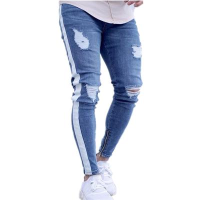 China QUICK DRY Skinny Ripped Slim Fit Jeans Mens Hip Hop Stripe Denim Pants Male Pencil Bottoms Street Knee Ripped Holes Jean Mens Y10755 for sale