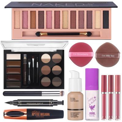 China All In One Professional Tapping Makeup Kit Set Nude Shimmer Eyeshadow Palette Powder Highlighter Bar Liquid Base AMK021 for sale