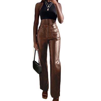 China New Amazon Hot Sale Waterproof High Waist PU Leather Pants Women Button Up Long Straight Faux Leather Pants for sale