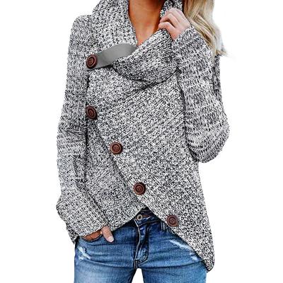 China Custom Anti-wrinkle OEM Winter Ladies Heather Gray Buttoned Wrap Turtleneck Women Sweater for sale