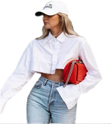 China Anti-pilling Casual Summer Cropped Stand Button Down Womens Long Sleeve Blouse Cotton Crop Top Shirt for sale