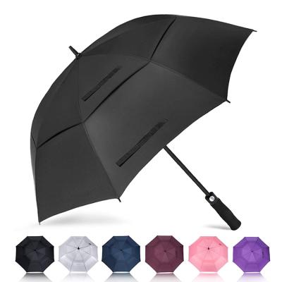 China Windproof Double Canopy Golf Umbrella Double Layer Windproof Automatic Open Straight Golf Umbrella With Customized Logo for sale