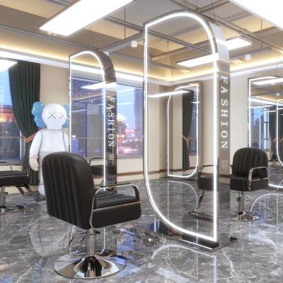 China Modern Luxury Light LED Mirror Cabinet Floor LED Hair Salon Furniture Barber Station Light Barber Chairs Double Side Mirror Station for sale