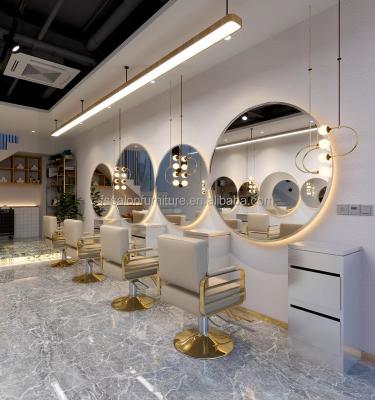 China Modern Luxury LED Light Gold Round Side MirrorSingle Mirror Station Hair Beauty Salon Furniture Barber Golden Station for sale