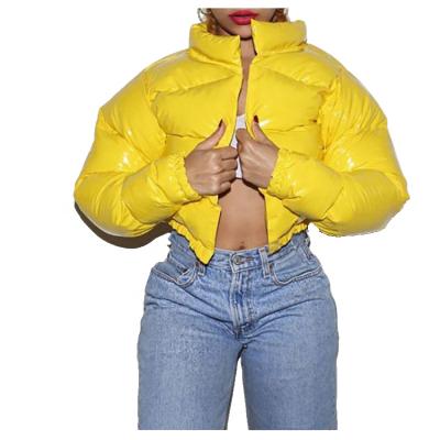 China Breathable extra short cropped jackets women shinny winter coat women long sleeve bubble winter coat cropped stripper jacket for ladies for sale