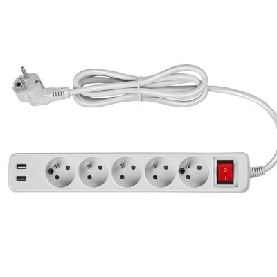 China Residential/General Purpose 5 Way Extension Cord With Surge Protector French EU Multiple Socket Outlets With 5V 2.1A USB Ports for sale