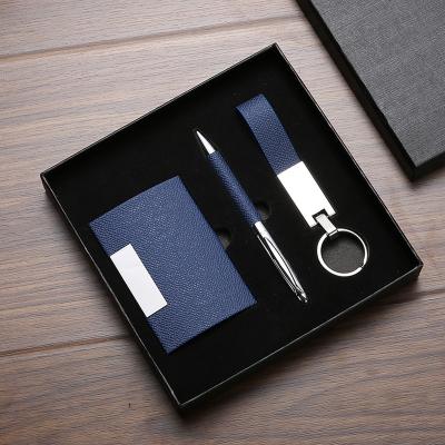 China Cheap Promotional Gift Points 3 in 1 Card Holder + Pen + Key Chain Cheap Gift Sets Pen Set Stationery Gift Man Gift Set for sale