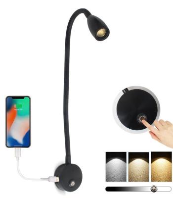 China BLACK Flexible 3W Bedroom Bedside Headboard Lamp USB Wall Mounted Dimmable Led Reading Light for sale