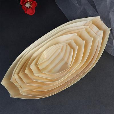 China 100pcs Natural Bamboo Disposable Sushi Dish Tray Pad Bowl Snack Cake Pine Dessert Salad Kayak Wooden Boat Disposable Tray for sale