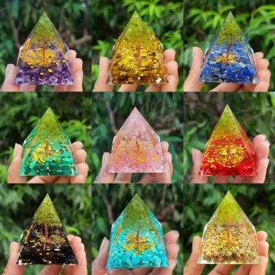 China Crystal Healing Pyramid Stone+resin Crystal Orgone Pyramid High Quality Gemstone Pyramid Tree of Life Pyramid Tabletop Decoration 5cm for sale